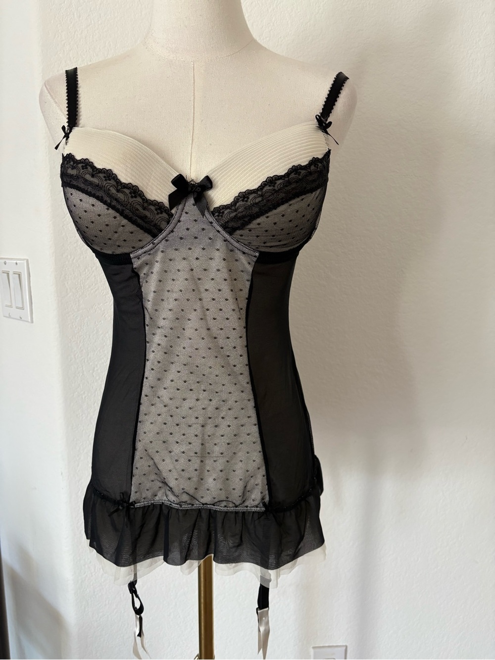 Sheer Black & Ivory Lace Chemise with Garter Straps